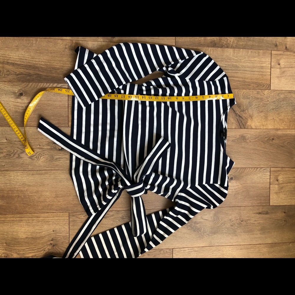 J Crew navy and white striped split back top